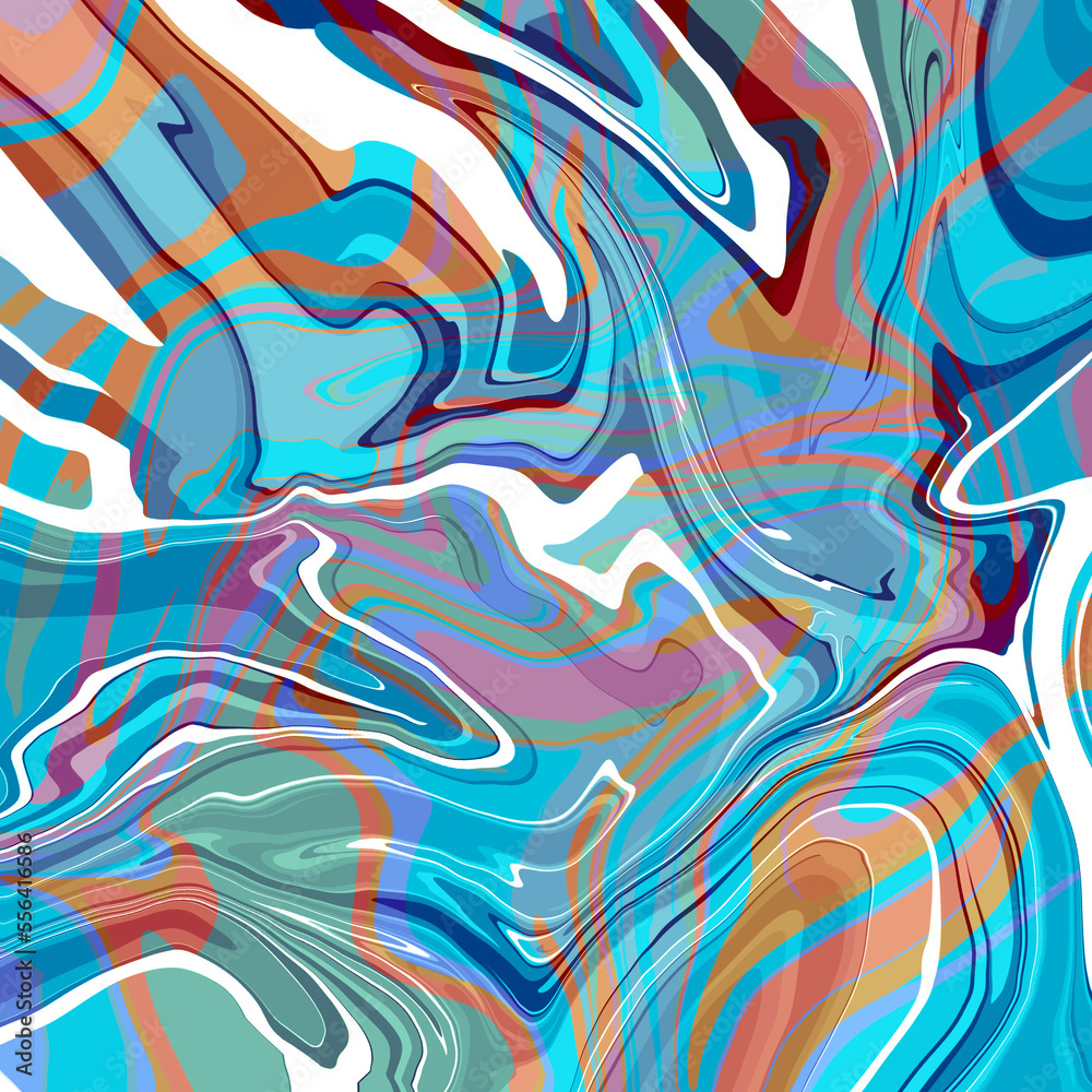 Blue, orange, white and pink shades Abstract bright colored wavy stripes, layered swirl marble pattern