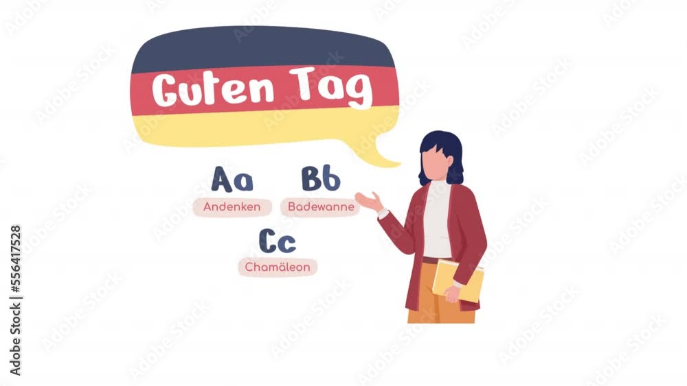 Animated learn German concept. Looped 2D cartoon flat character on white with alpha channel transparency for web design. HD video footage. Studying language app creative idea animation Animated learn German concept. Looped 2D cartoon flat character on white with alpha channel transparency for web design. HD video footage. Studying language app creative idea animation