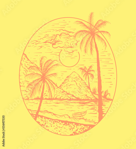 a single color illustration of a palm tree beach scenery, perfect for printing on a t shirt or poster design element