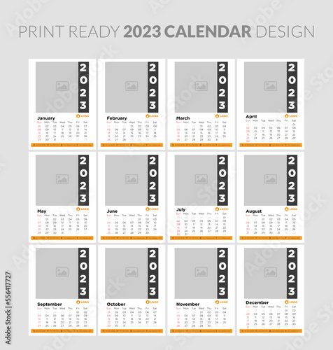 Monthly horizontal wall calendar 2023 design template. Week starts on Sunday. Set of 12 months.