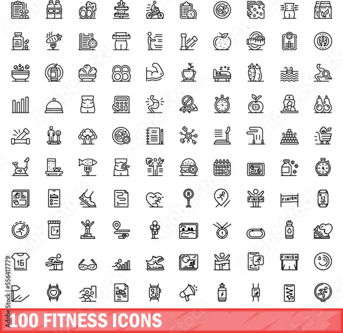 100 fitness icons set. Outline illustration of 100 fitness icons vector set isolated on white background