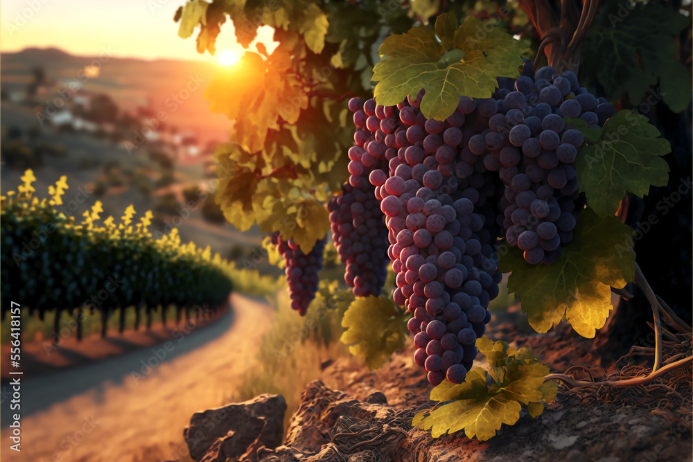 Vineyard grape field at sunset