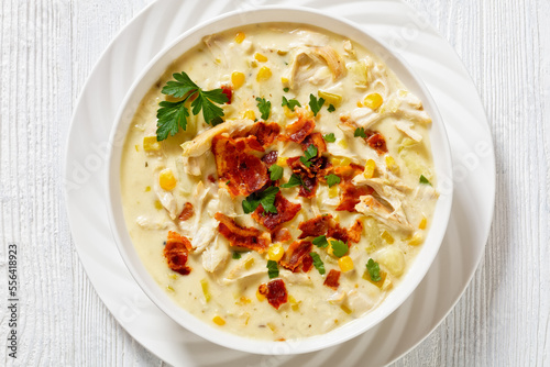 Chicken Corn Chowder in bowl, top view