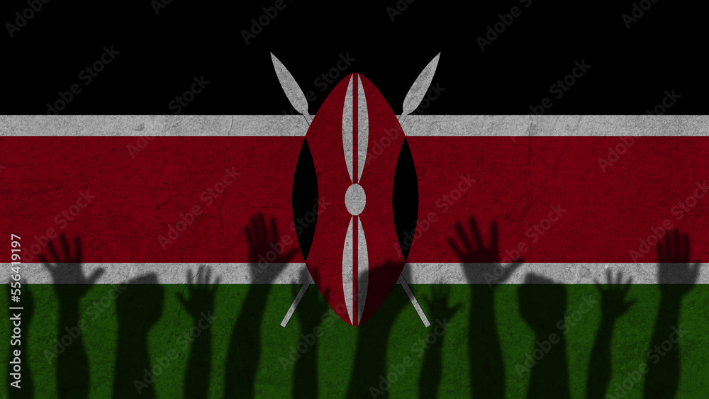 Protesters hands shadow on Kenya flag, political news banner, against the decision concept Protesters hands shadow on Kenya flag, political news banner, against the decision concept