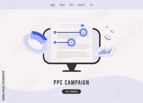 PPC Campaign digital marketing concept. Pay per Click advertising. Building search marketing strategy, selecting selling phrases, ppc impression statistics. Vector business landing page template