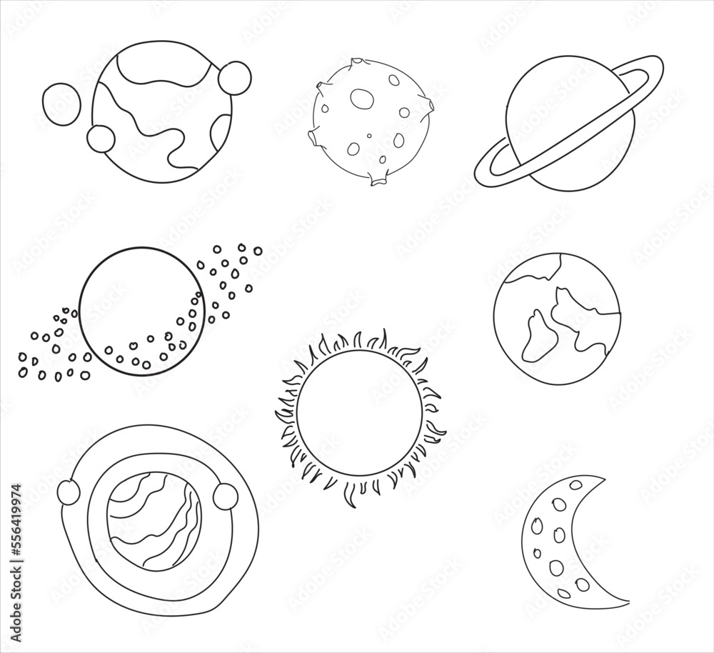 Solar system planets. Mercury, Venus, Earth, Mars, Jupiter, Saturn, Uranus and Neptune. Moon, Astronaut and spacecraft drawing. hand drawn vector