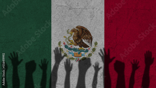 Protesters hands shadow on Mexico flag, political news banner, against the decision concept