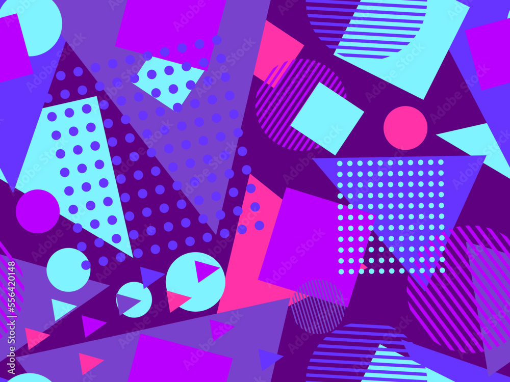 Seamless pattern with geometric shapes in 80s memphis style Colorful