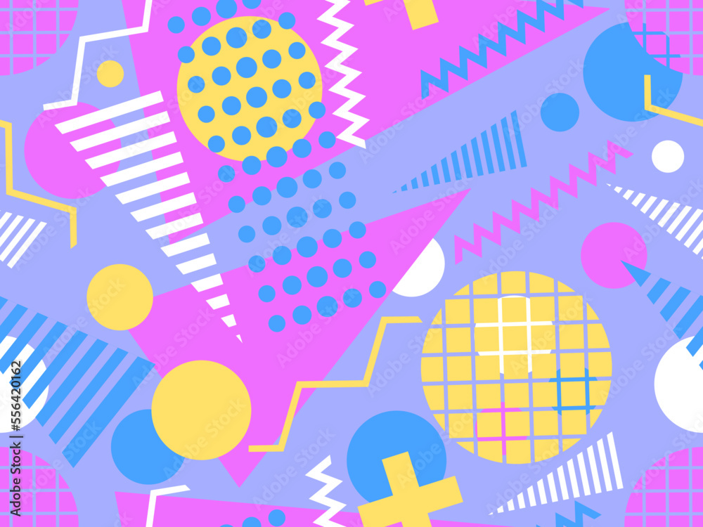 Seamless pattern with geometric shapes in 80s memphis style. Colorful geometric pattern. Design for promotional products, wrapping paper, brochures and printing. Vector illustration