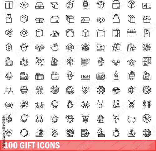 100 gift icons set. Outline illustration of 100 gift icons vector set isolated on white background