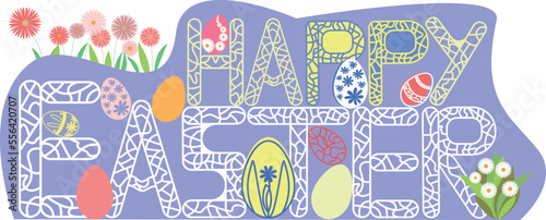 happy easter text banner with easter eggs and spring flowers on blue background vector
