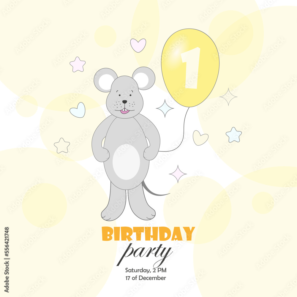 A postcard, an invitation to a birthday party with a mouse with a balloon in its paw with the number 1. Vector illustration