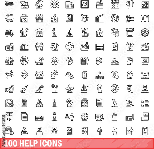 100 help icons set. Outline illustration of 100 help icons vector set isolated on white background