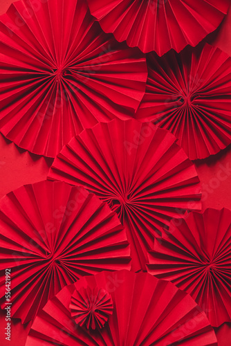 Chinese New Year 2023 .Decor pattern fan on red background. Red paper fans .Lunar New Year banner template. Lunar New Year,chinese banner,chinese new year background