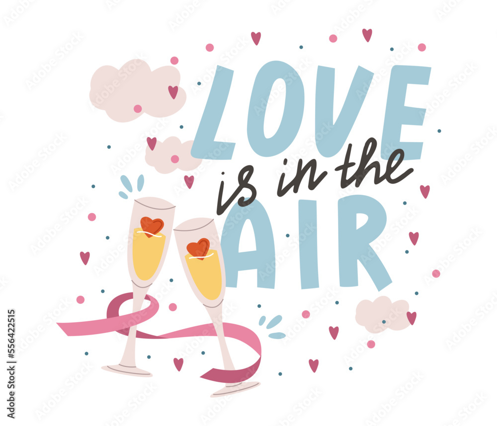 Romantic lettering and glasses of champagne
