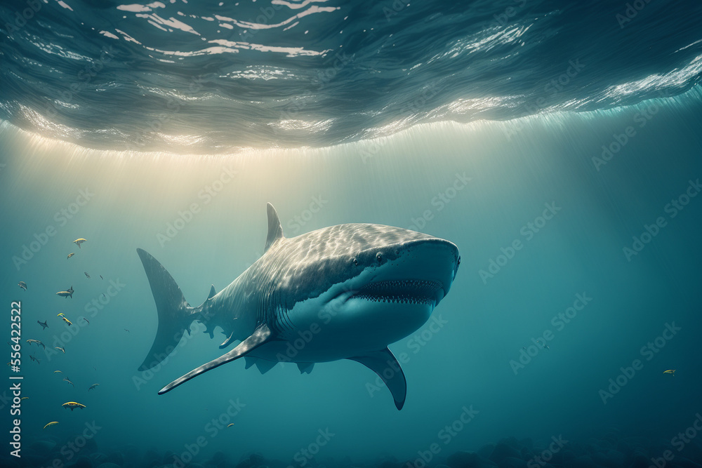 Obraz premium Great White Shark under the water in the blue ocean. Underwater illustration, shark illustration
