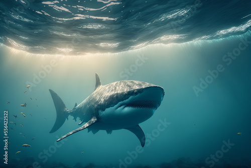 Great White Shark under the water in the blue ocean. Underwater illustration  shark illustration