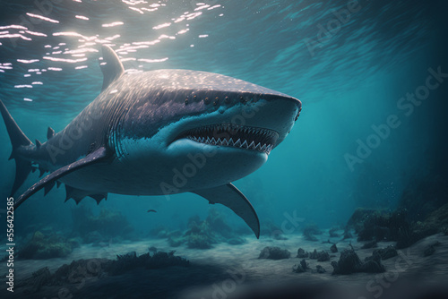 Great White Shark under the water in the blue ocean. Underwater illustration, shark illustration © Kafi
