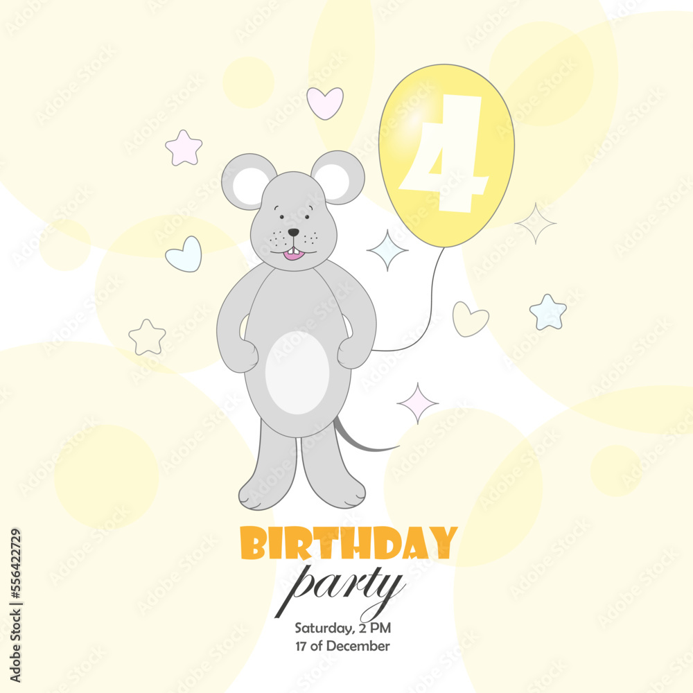 A postcard, an invitation to a birthday party with a mouse with a balloon in its paw with the number 4. Vector illustration A postcard, an invitation to a birthday party with a mouse with a balloon in its paw with the number 4. Vector illustration