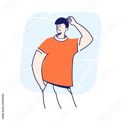 Confused person doubting, puzzeled man thinking and scratching his head flat vector graphic illustration.