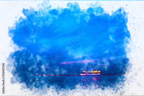 Cruise ship from Alsancak Gundogdu Square, watercolor illustration drawing photo