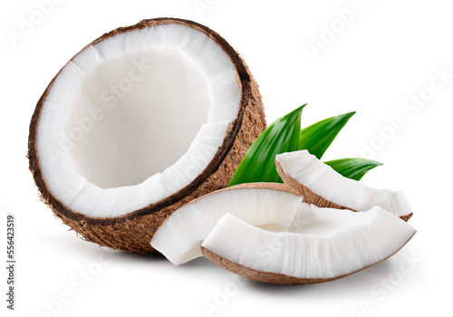 Coconut isolated. Coconut half with slice and piece on white background. Coco nut with leaf. Full depth of field.