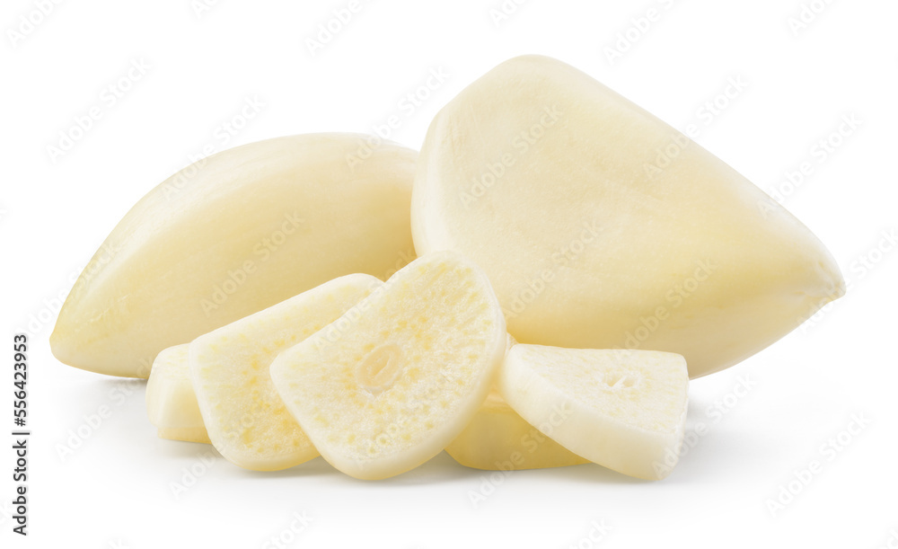 Garlic clove isolated. Peeled whole and chopped garlic cloves on white background. White garlic cloves with slices. Full depth of field. With clipping path. Garlic clove isolated. Peeled whole and chopped garlic cloves on white background. White garlic cloves with slices. Full depth of field. With clipping path.
