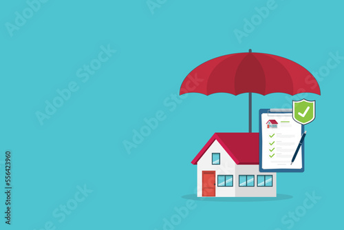Home insurance service. House with umbrella, security shield and insurance agreement. 