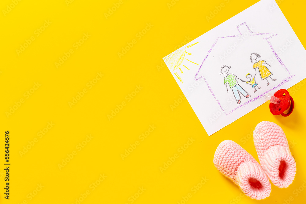 Mom dad and me - child drawing. Adoption concept Mom dad and me - child drawing. Adoption concept