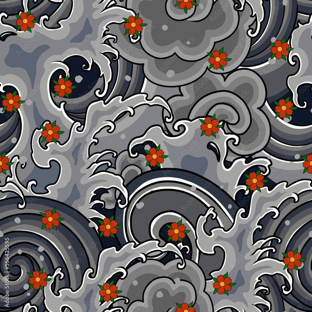Naklejka premium Traditional Japanese Wave Tattoo Seamless Pattern