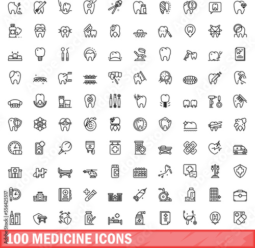 100 medicine icons set. Outline illustration of 100 medicine icons vector set isolated on white background