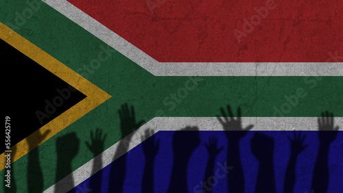 Protesters hands shadow on South Africa flag, political news banner, against the decision concept