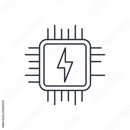 Electronic circuit microchip with energy.Vector linear icon isolated on white background