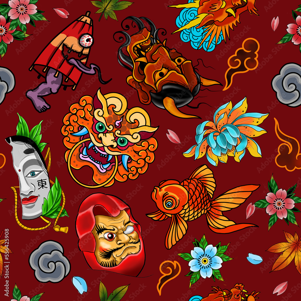 Traditional Japanese Tattoo Seamless Pattern