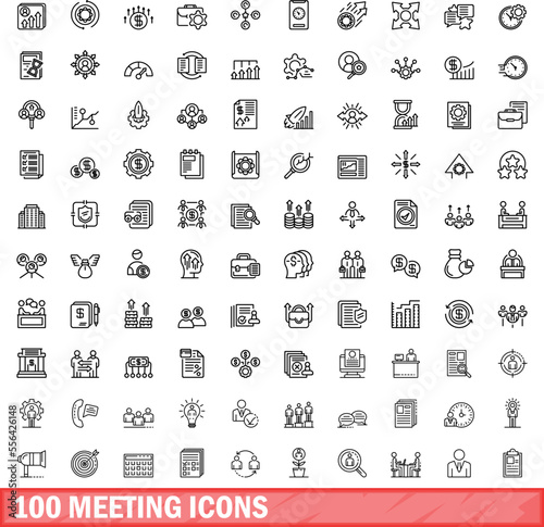 100 meeting icons set. Outline illustration of 100 meeting icons vector set isolated on white background