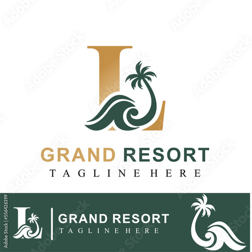 Luxury Golden Logo Idea Template with Initial Letter L, Coconut Palm Tree and Ocean Wave for Resort, Apartment, Hotel, Travel Business 