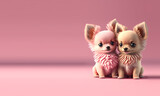 Two cute dogs in love on pink empty background. Puppys celebrating Valentine’s Day. Pets close to eachother in cartoon style. Fictitious generative Ai
