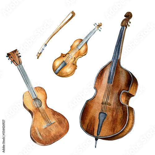 Guitar, violin, contrabass musical instruments watercolor illustration isolated. Set of stringed musical instruments hand drawn. Design element for flyer, live concert events, brochure, poster, print