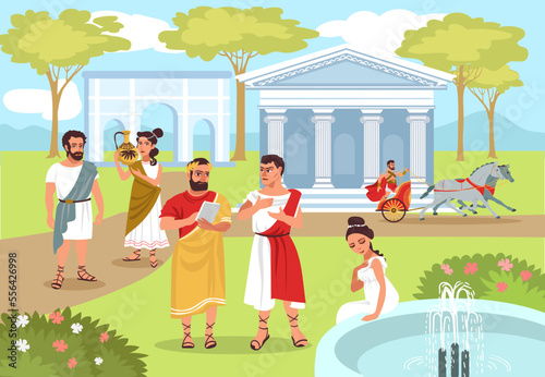 Ancient Roman people. Peaceful life scene. Man in togas driving chariot. Antique civilization. Walking woman in tunic. Beautiful garden. Historical persons. Splendid vector concept