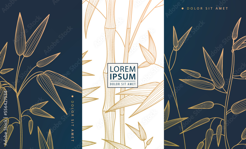 Set of vector design elements labels, frames, wedding invitations, social net stories, packaging, luxury products, perfume, soap, wine. Line golden backgrounds, bamboo patterns with leaves