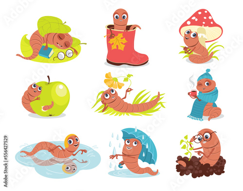 Cute soil worm characters. Cartoon mascot with different objects. Garden useful inhabitants. Biology and nature. Caterpillar activities. Earthworm with apple and book. Splendid vector set