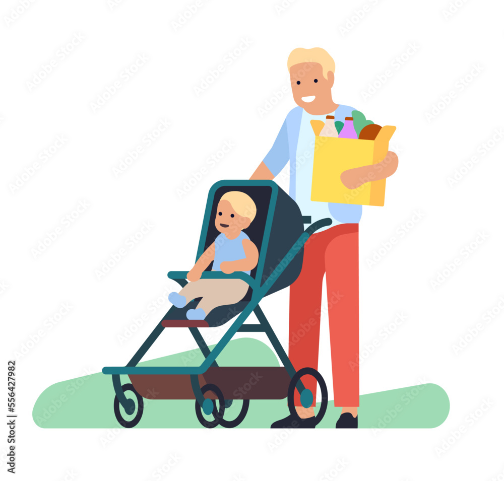 Father and baby in stroller with package of groceries. Man carrying shopping bag and pushing pram. Toddler in buggy. Multitasking dad buying food products. Vector fatherhood concept