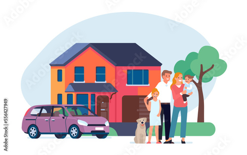 Family in front of house. Happy parents with kids. Property mortgage. Real estate and transport purchase. Residential building facade. Rental townhouse. People happiness. Vector concept
