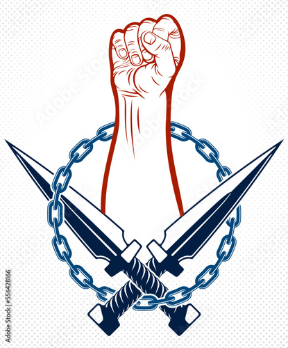 Anarchy and Chaos aggressive emblem or logo with strong clenched fist, vector vintage style tattoo, rebel rioter partisan and revolutionary.