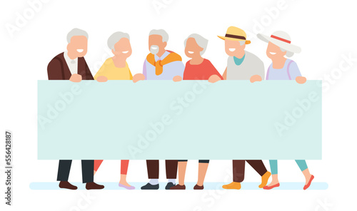 Group of seniors holding up blank banner. Aged people with rectangular billboard. Elderly men and women showing empty placard. Smiling grandparents standing together. Vector concept