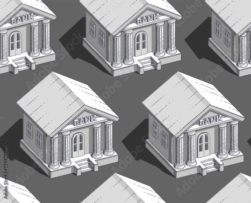 Bank buildings seamless background, backdrop for financial business or banking website or economical theme ads and information, credits and savings, vector wallpaper or web site background.
