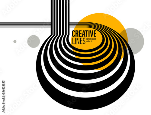 3D black and white lines in perspective with yellow elements abstract vector background, linear perspective illustration op art.