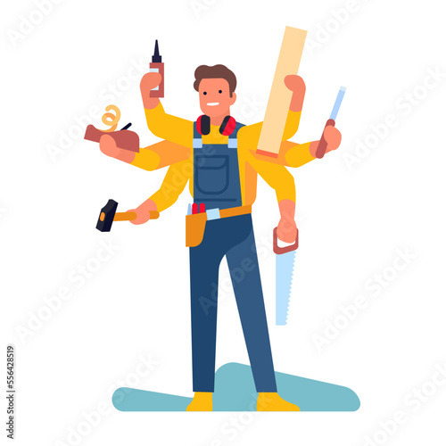 Man in uniform with carpentry tools. Multitasking worker. Carpenter holding saw and hammer. Professional workman in overalls. Repairman fixing maintenance. Repair equipment. Vector concept
