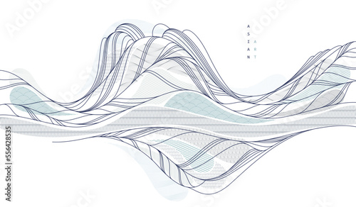 Abstract oriental Japanese art vector background, traditional style design, wavy shapes and mountains terrain landscape, runny like sea lines.
