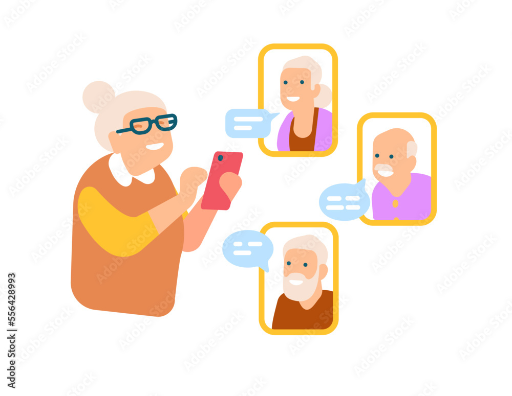 Older people texting and receiving emails on smartphones. Senior woman enjoying communication with friends. Video call. Grandmother sending message. Mobile chatting. Vector concept Older people texting and receiving emails on smartphones. Senior woman enjoying communication with friends. Video call. Grandmother sending message. Mobile chatting. Vector concept